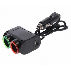 Разветвитель прикуривателя 2-х гнездовой 12-24V 1USB 3.1А с удлинителем 0.8м черный, OLS-1631, OLESSON
