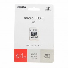 Карта памяти 64GB MicroSD class 10 + SD адаптер, SB64GBSDCL10U3-01, SMART BUY