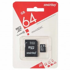Карта памяти 64GB MicroSD class 10 + SD адаптер, SB64GBSDCL10-01LE, SMART BUY